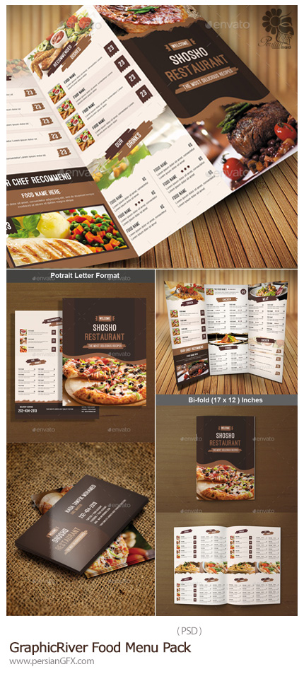 دانلود تصاویر به صورت لایه باز با موضوع منو، کارت ویزیت و بروشور سه لت غذاهای متنوع از گرافیک ریور - GraphicRiver Food M