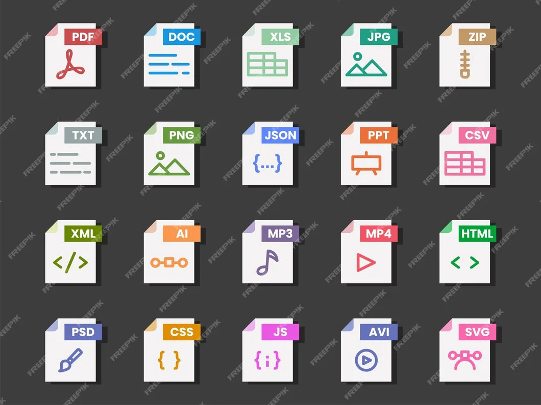  فایل وکتور پوشه فرمت فایل سند (pdf doc xls jpg zip txt png json ppt csv xml ai mp3 mp4 html psd css js)