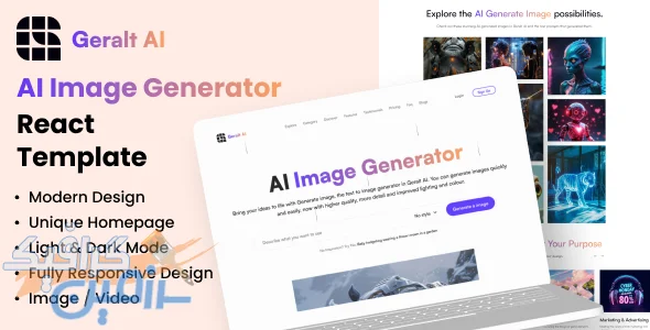 دانلود Geralt AI - AI Image Generator React Template نسخه فارسی | قالب React تولید تصویر هوش مصنوعی
